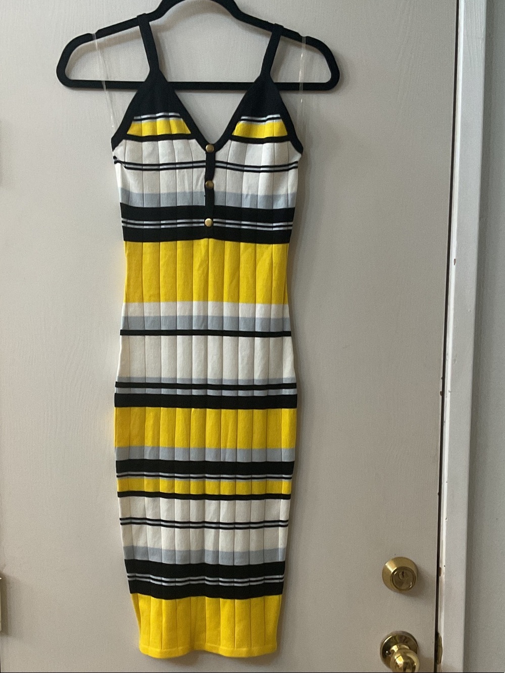 Sleeveless Yellow, Black & White Striped V-Neck Midi Dress